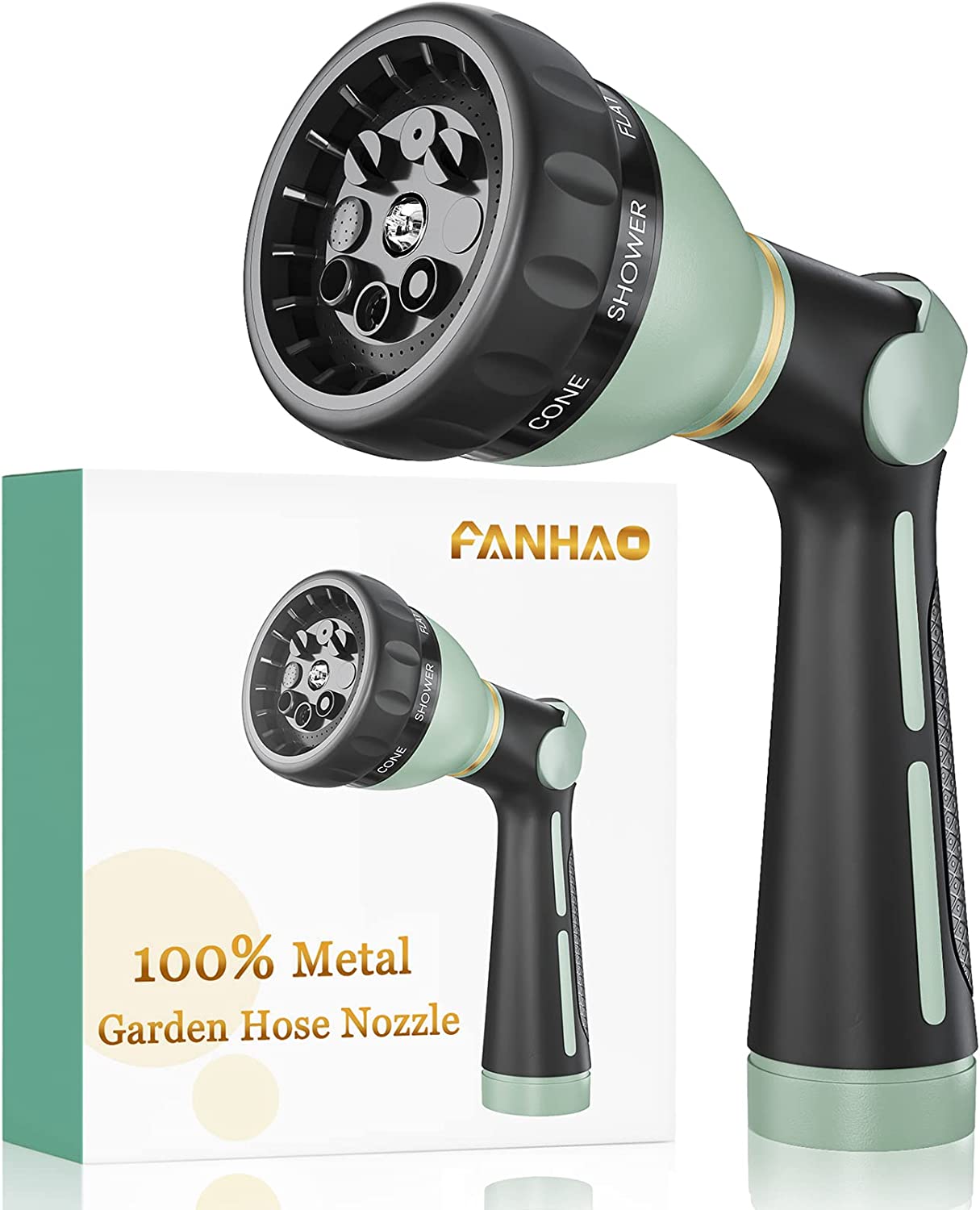 FANHAO Garden Hose Nozzle Heavy Duty, 100% Metal Water Hose Nozzle Sprayer with 8 Spray Patterns