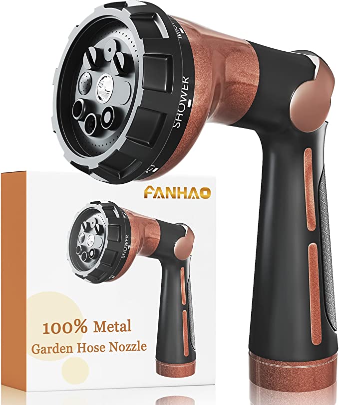 FANHAO Garden Hose Nozzle Heavy Duty, 100% Metal Water Hose Nozzle Sprayer with 8 Spray Patterns