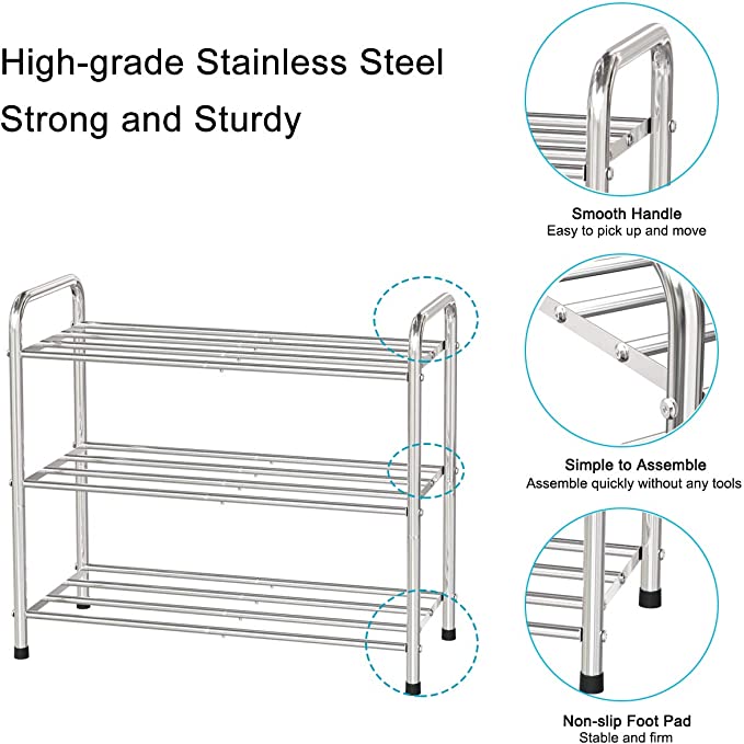 FANHAO 4-Tier Shoe Rack, 100% Stainless Steel Shoe Storage Organizer-‎Silver