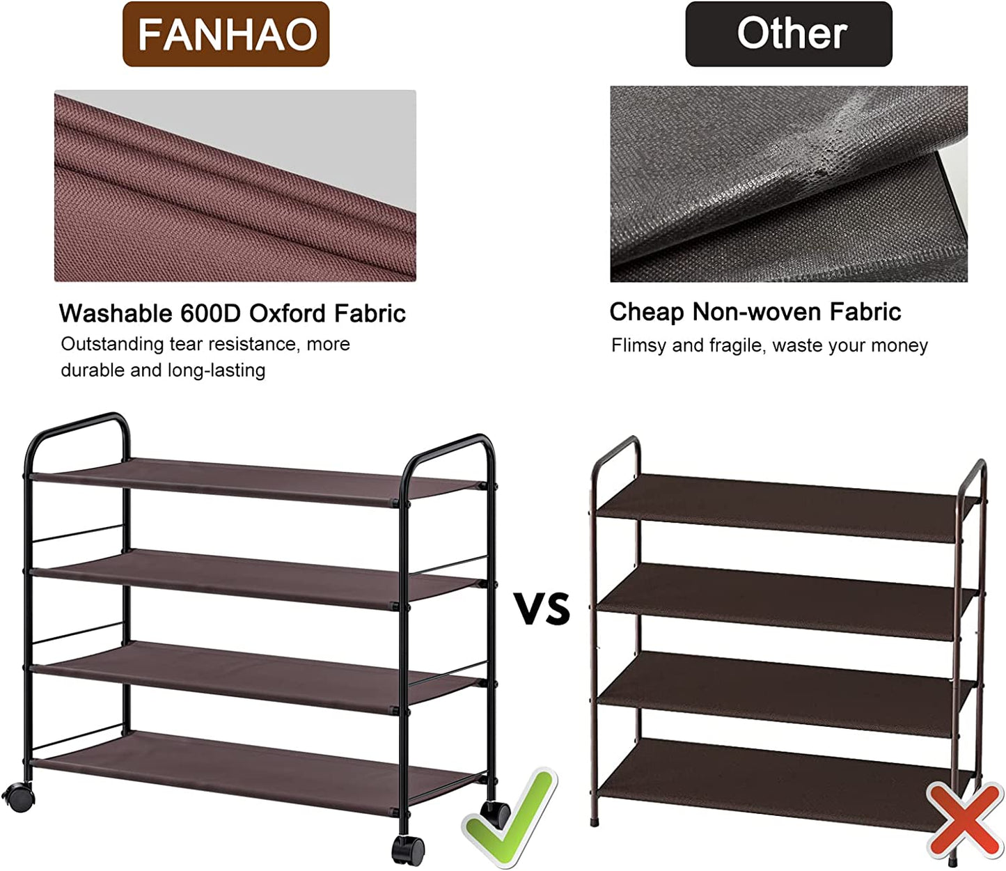 FANHAO 4-Tier Shoe Rack with Wheels