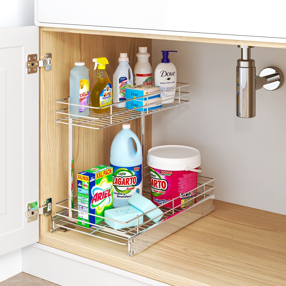 FANHAO Pull Out Cabinet Organizer,10.43W x 17.32D x 14.56H,Chrome