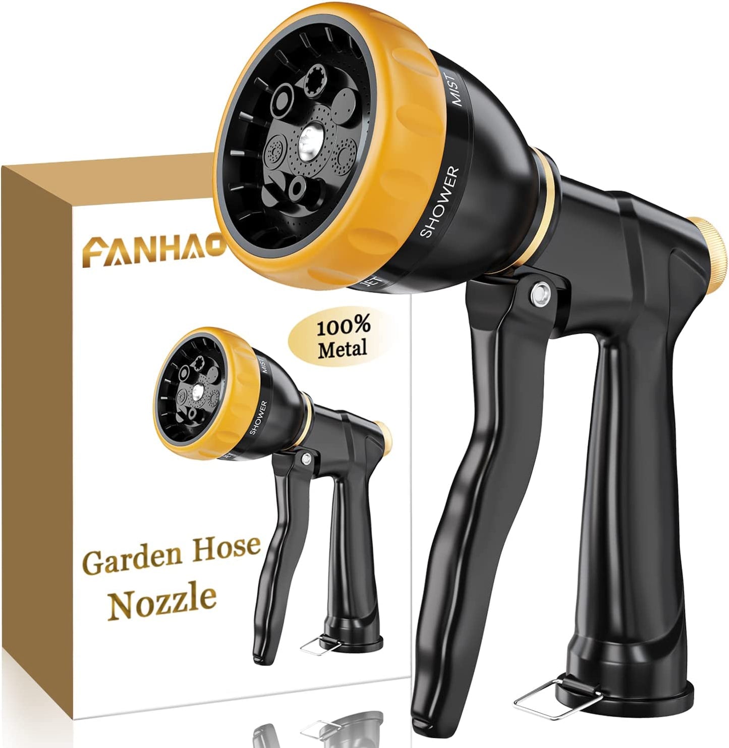 FANHAO Garden Hose Nozzle Sprayer, 100% Heavy Duty Metal Spray Nozzle with 7 Spray Patterns