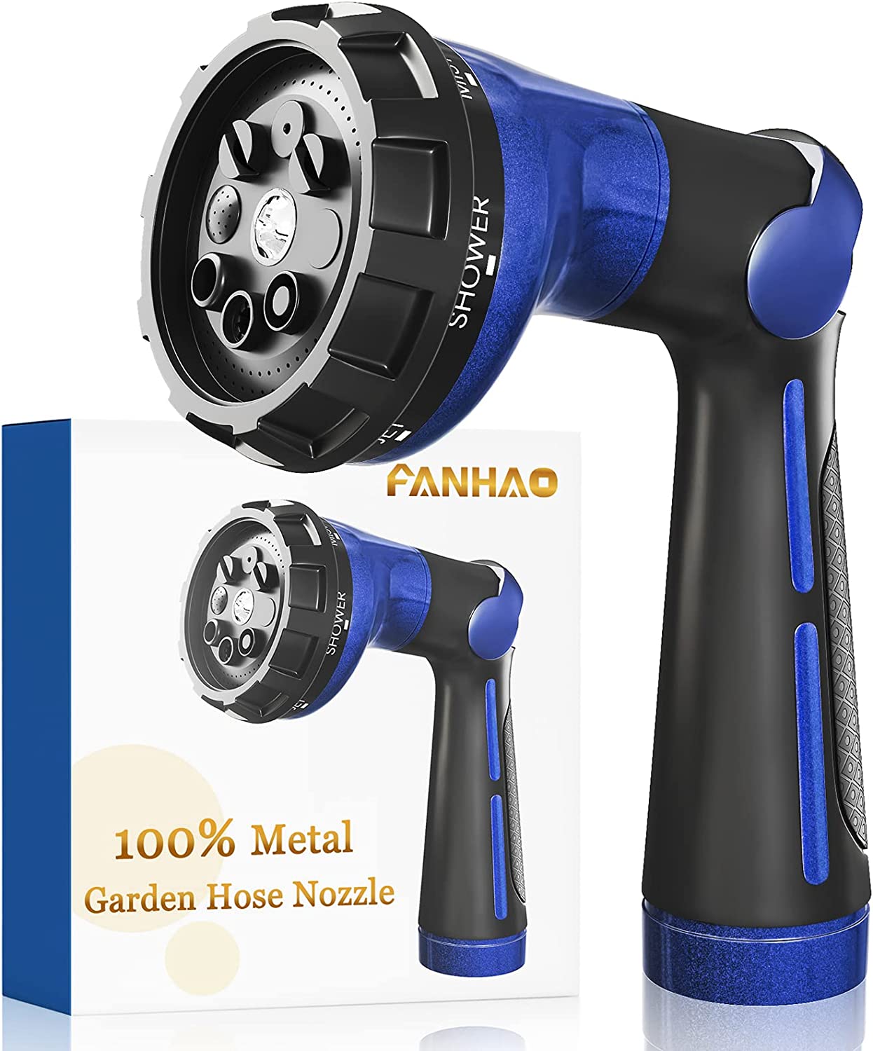 FANHAO Garden Hose Nozzle Heavy Duty, 100% Metal Water Hose Nozzle Sprayer with 8 Spray Patterns